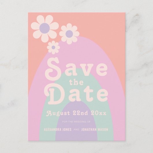 Moderne Retro 70s Pastel bruiloft Uitnodiging Briefkaart (Voorkant)