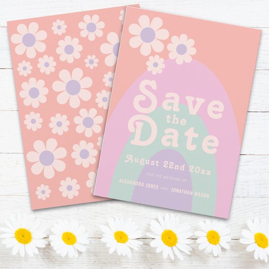 Moderne Retro 70s Pastel Trouwdag Save The Date