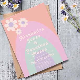 Moderne Retro 70s Pastel Trouwdag Uitnodiging Briefkaart