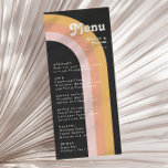 Moderne Retro 70's Rainbow Dark Wedding Dinner Men Menu<br><div class="desc">Deze moderne retro 70's rainbow donkere bruiloft menu is perfect voor je eenvoudige sinaasappel, roos goud, en wazige roze trouwreceptie. Ontworpen met elementen van een klassieke, kleurrijke boho-boog en groovy-minimalistische strepen. Het ontwerp heeft een uniek abstract tropisch strand, geweldig voor elke lente, zomer of herfstbruiloft. Het product is aanpasbaar, omdat...</div>