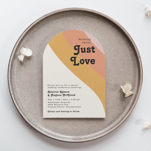 Moderne Retro 70's Rainbow Just Love Wedding Arch Kaart