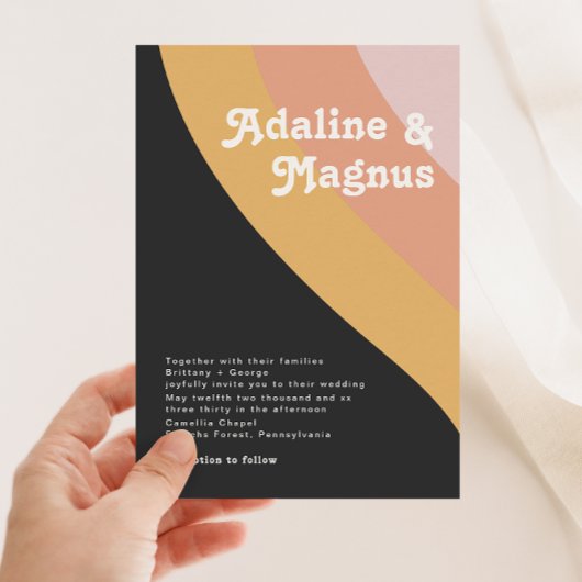 Moderne Retro 70's regenboogdonkere bruiloft Kaart