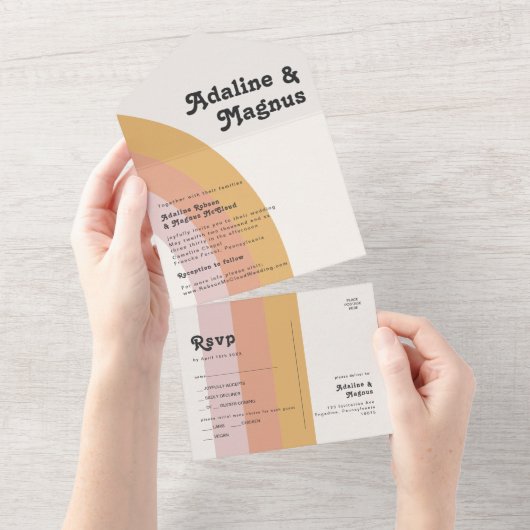 Moderne Retro 70's regenboogzegel en Verstuur All In One Uitnodiging (Afscheurbaar)