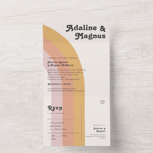 Moderne Retro 70's regenboogzegel en Verstuur All In One Uitnodiging (Binnen)