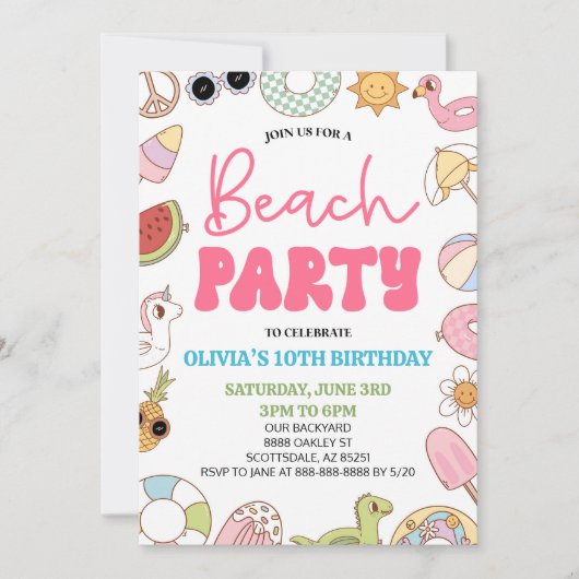 Moderne Retro 70's Zomer Verjaardag Beach Party Kaart (Voorkant)