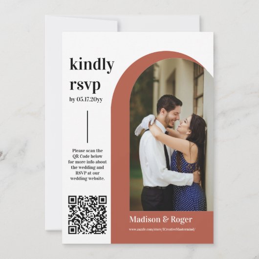 Moderne Retro Arch QR Code RSVP Foto Bruiloft Kaart (Achterkant)