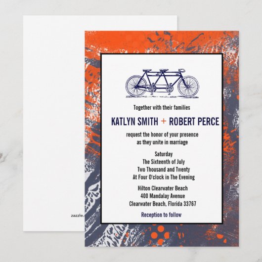 Moderne Retro Artistieke Tandem Fietsbruiloft Kaart (Voorkant / Achterkant)
