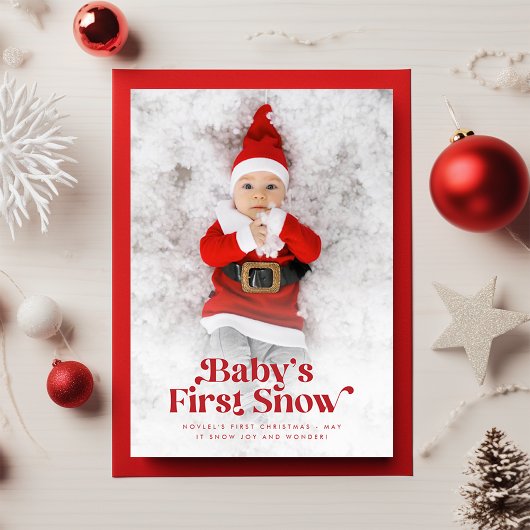 Moderne retro baby's eerste kerstfoto feestdagenkaart
