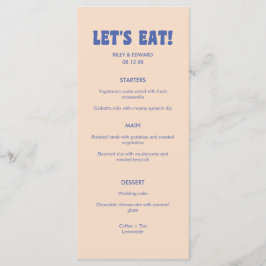 Moderne Retro Blauw & Beige 'Laten we eten!' Trouw Menu