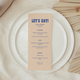 Moderne Retro Blauw & Beige 'Let's Eat!' Bruiloft Menu