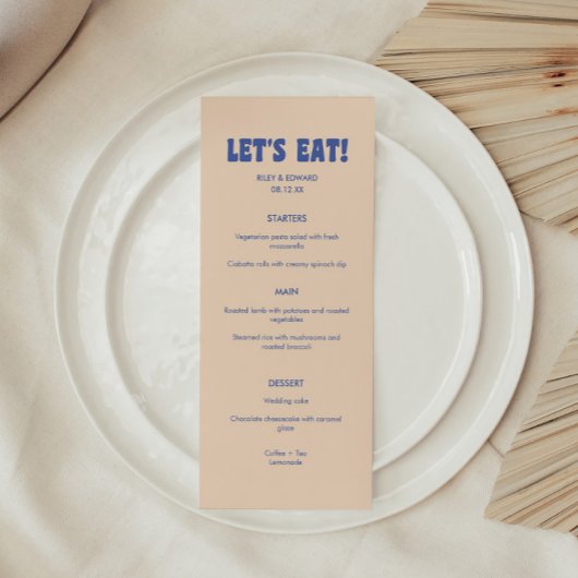 Moderne Retro Blauw & Beige 'Let's Eat!' Bruiloft Menu