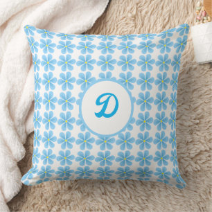 Moderne retro blauwe bloemen gepersonaliseerd kussen