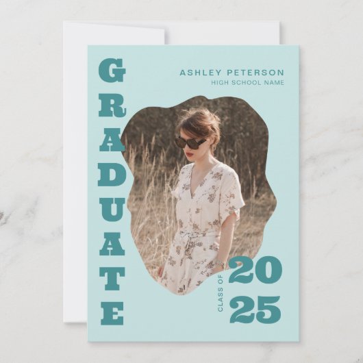 Moderne Retro Blauwgroen Typografie Foto Afstudere Aankondiging (Voorkant)