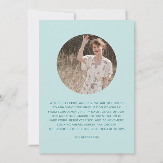 Moderne Retro Blauwgroen Typografie Foto Afstudere Aankondiging (Achterkant)