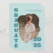 Moderne Retro Blauwgroen Typografie Foto Afstudere Aankondiging (Voorkant / Achterkant)