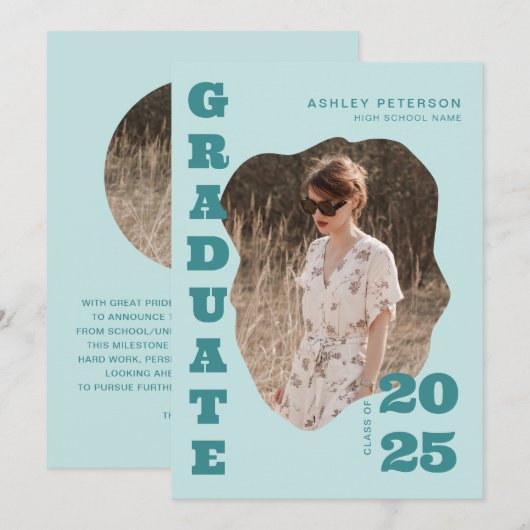 Moderne Retro Blauwgroen Typografie Foto Afstudere Aankondiging (Voorkant / Achterkant)