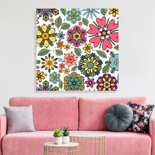 Moderne Retro Bloem Tekening Naadloos Patroon Kuns Canvas Afdruk