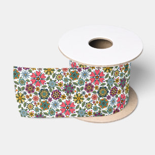 Moderne Retro Bloem Tekening Naadloos Patroon Kuns Satijnen Lint