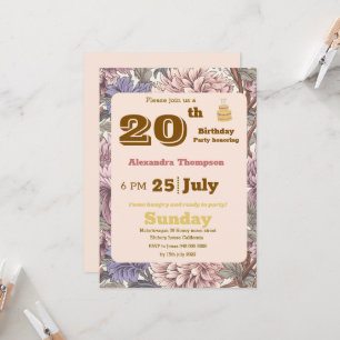 Moderne retro bloemen 20ste verjaardagsfeest Paars Kaart