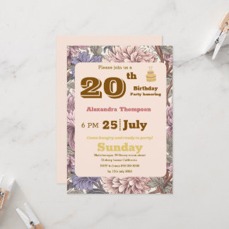 Moderne retro bloemen 20ste verjaardagsfeest Paars Kaart