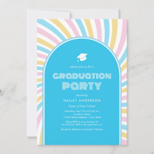 Moderne Retro Blue Arches 80s Afstuderen Kaart (Voorkant)