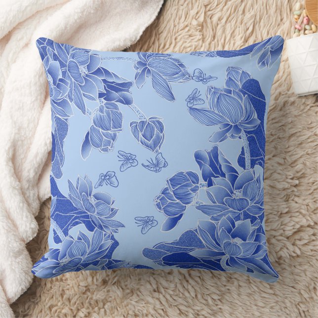 Moderne Retro Blue Chinoiserie Chic Lotus Mandala Kussen (Deken)