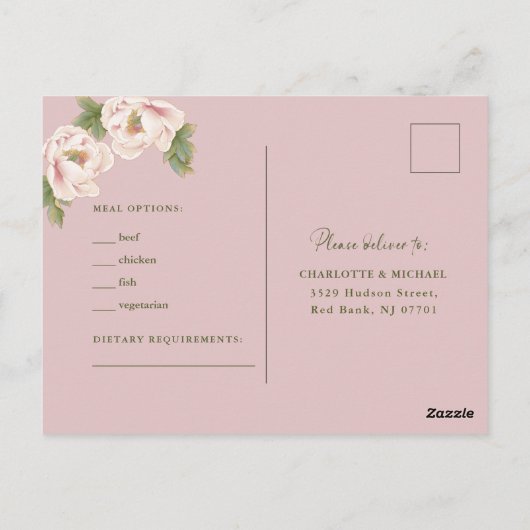 Moderne Retro Blush Peony Bloemen Huwelijk RSVP Briefkaart (Achterkant)