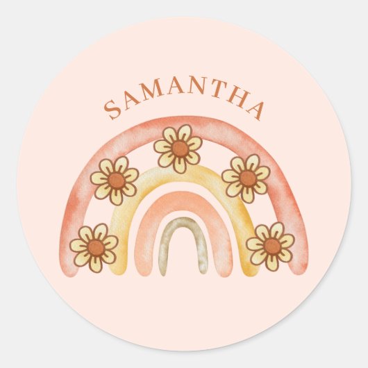 Moderne Retro Boho Rainbow Naam Ronde Sticker (Voorkant)