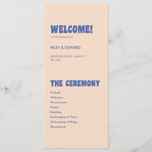 Moderne Retro & Bold Blauw Beige bruiloft Programmakaart (Voorkant)