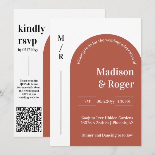 Moderne Retro Boog QR Code RSVP Foto Bruiloft Kaart (Voorkant / Achterkant)