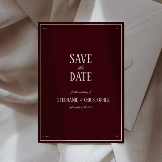 Moderne Retro Bourgondië Trouw Save the date Kaart