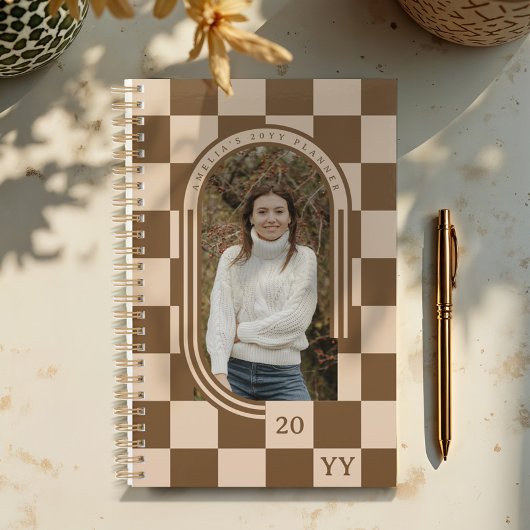 Moderne retro bruin geruite patroon boog foto planner