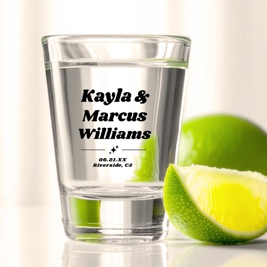 Moderne Retro Coole Fun Bruiloft Namen Feest Favor Shot Glas