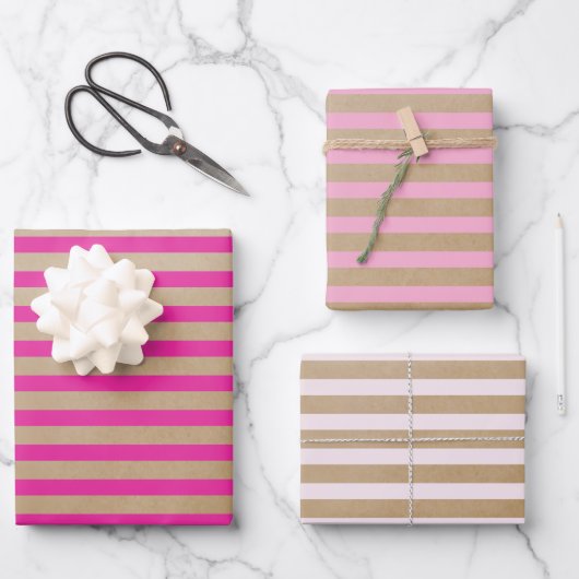 Moderne Retro Cream Hot Pink Stripes Kraft Inpakpapier Vel (Voorkant)