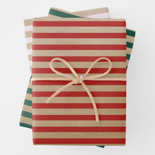 Moderne Retro Crème Rood Groene Stripes Kraft Inpakpapier Vel (In situ)