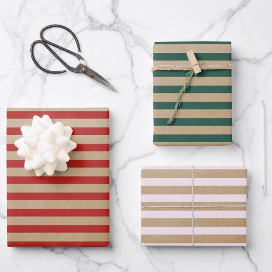Moderne Retro Crème Rood Groene Stripes Kraft Inpakpapier Vel (Voorkant)
