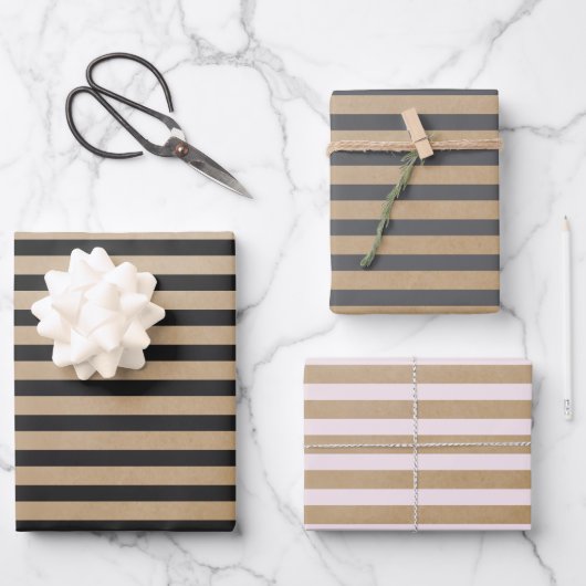 Moderne Retro Crème Zwart Grijs Stripes Kraft Inpakpapier Vel (Voorkant)