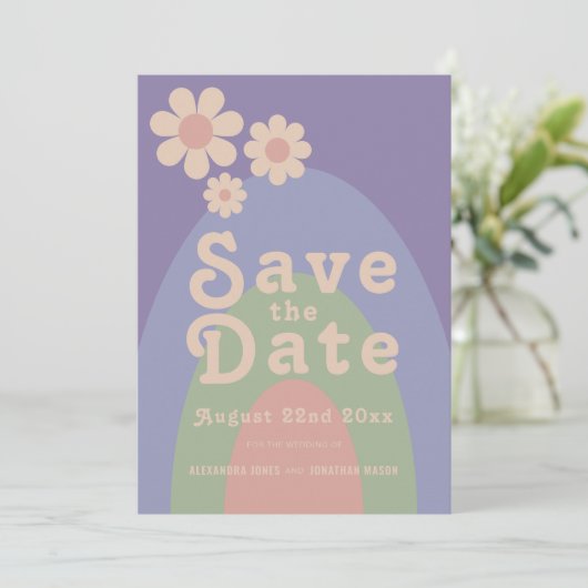 Moderne Retro Daisy Bruiloft Save The Date (Staand voorkant)