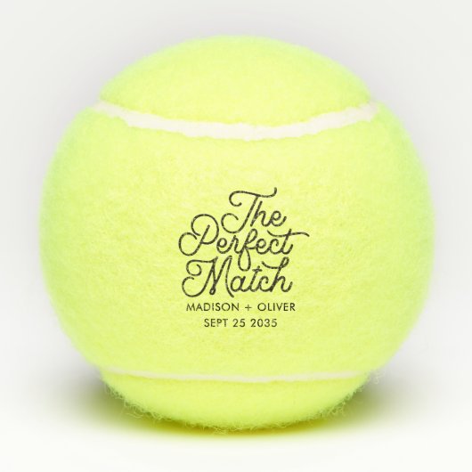 Moderne retro de perfecte match script bruiloft tennisballen (Achterkant)