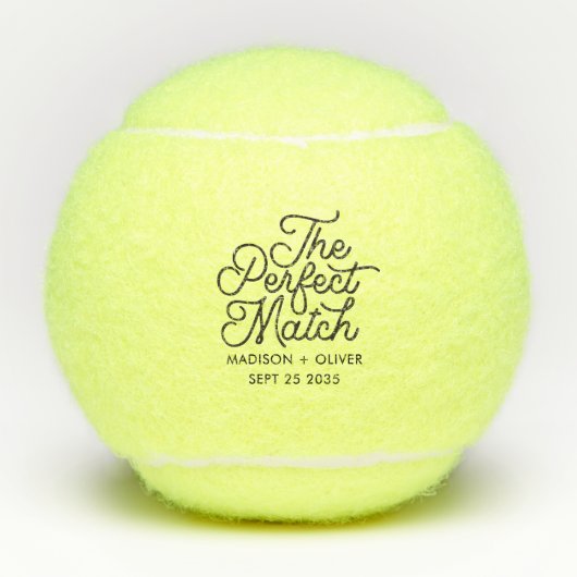 Moderne retro de perfecte match script bruiloft tennisballen (Voorkant)
