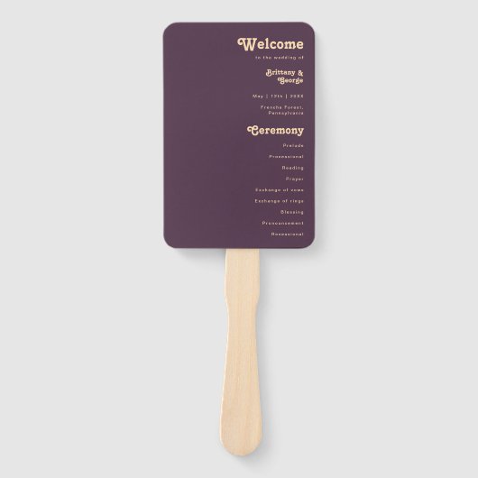 Moderne Retro | Donkerpaars Huwelijksprogramma Handwaaier (Voorkant)