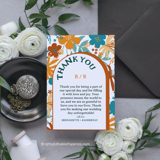 Moderne Retro Elegant Helder Bold Bloemen Bruiloft Bedankkaart