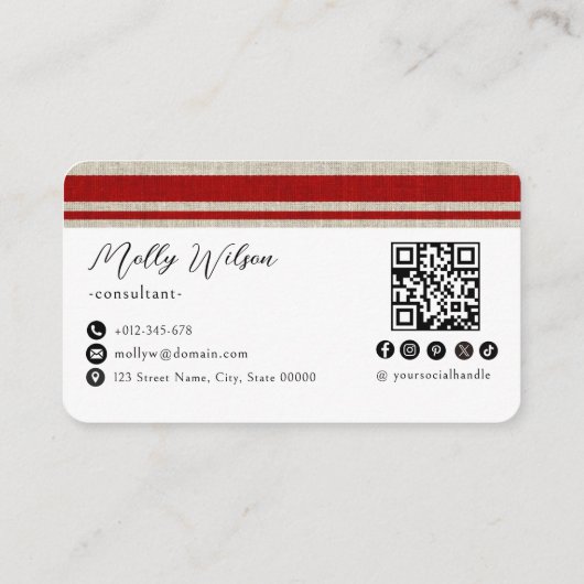 Moderne retro faux linnen QR-code sociale media Visitekaartje (Achterkant)