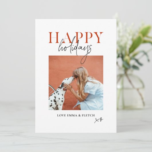 Moderne Retro Fel Kleurrijk Rood Oranje Hond Moede Feestdagenkaart (Staand voorkant)