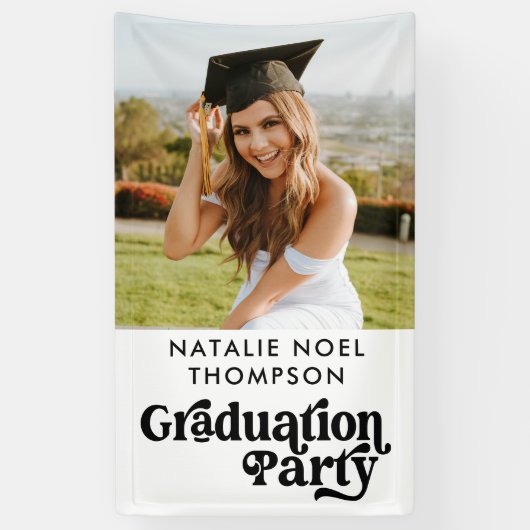 Moderne Retro Foto Moderne Groovy Graduation Party Spandoek (Verticaal)