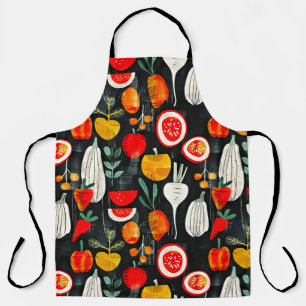 Moderne Retro Fruit en Veg op Zwart Patroon Schort