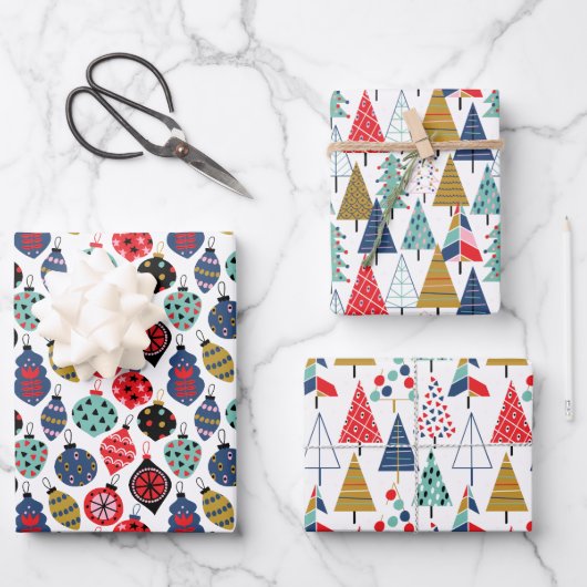 Moderne Retro Geometric Kerstpatroon Set van 3 Inpakpapier Vel (Voorkant)