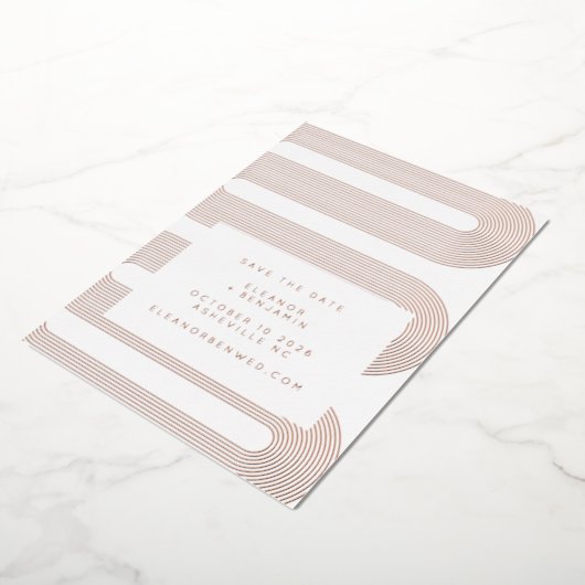 Moderne Retro Geometrische Luxe Roos Gold Opslagda Folie Uitnodiging (Gedraaid)