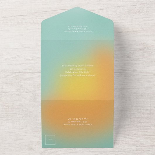 Moderne Retro Gradient Mint Oranje RSVP Bruiloft All In One Uitnodiging (Buitenkant)