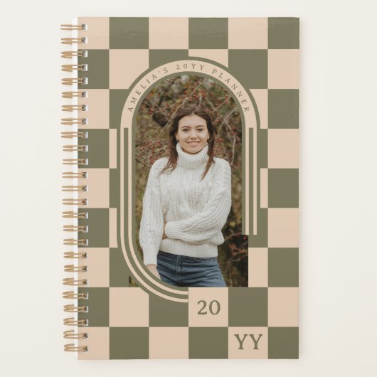 Moderne Retro Groen Geruit Patroon Boog Foto Planner (Voorkant)